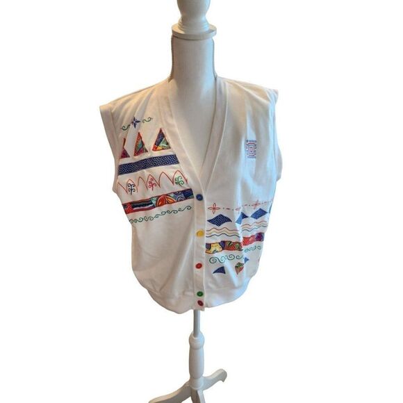 Vintage 80s Koret Sleeveless Vest M White Nautical Sailing Boats Kitsch - Picture 1 of 5